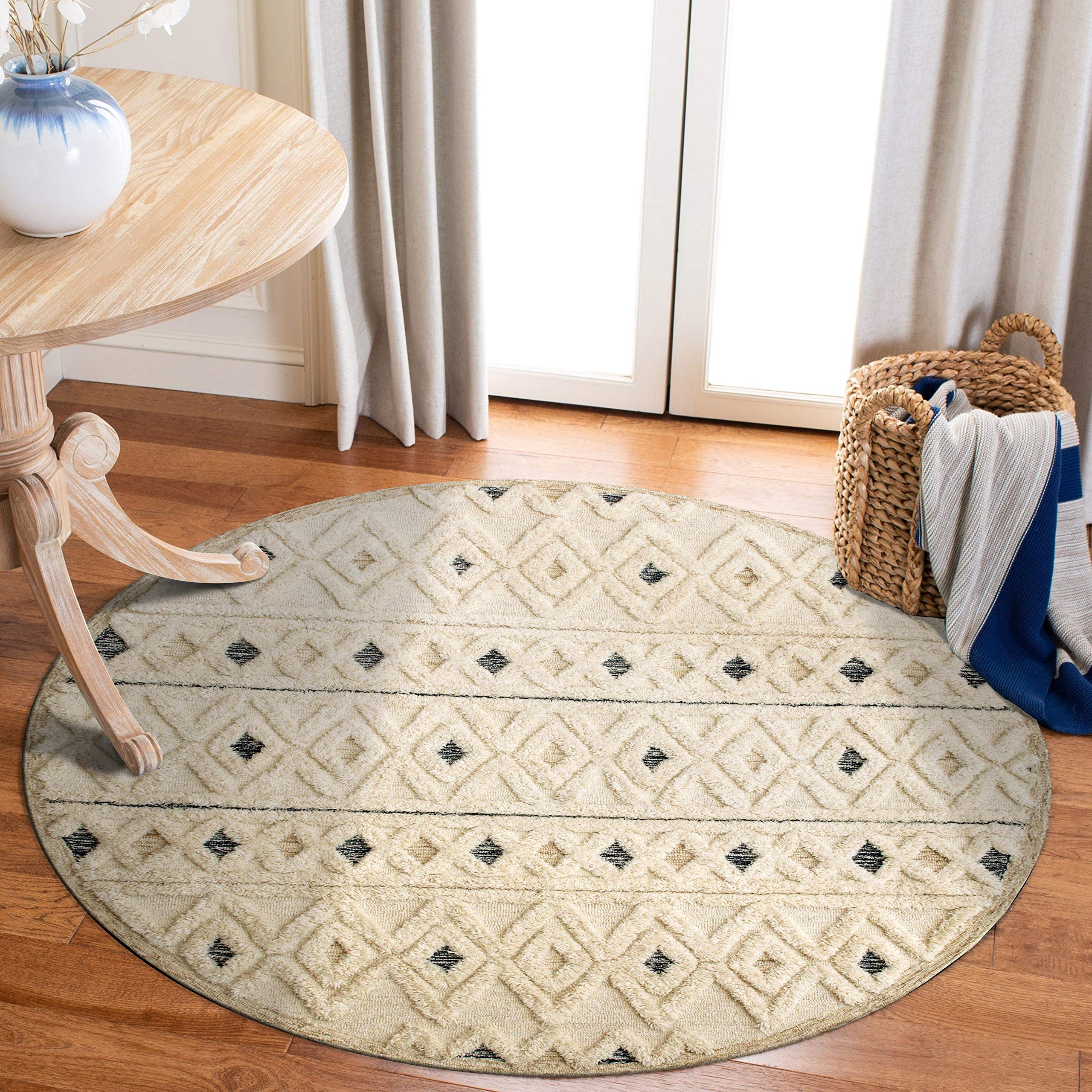 LR Home 6ft Round Indoor Natural Wool Area Rug - Hand Tufted Modern Farmhouse Boho Style Carpet for Bedroom, Living Room, Office, Nursery & Entryway - Ivory/Navy - Perfect for Cozy Home Decor & High-Traffic Areas