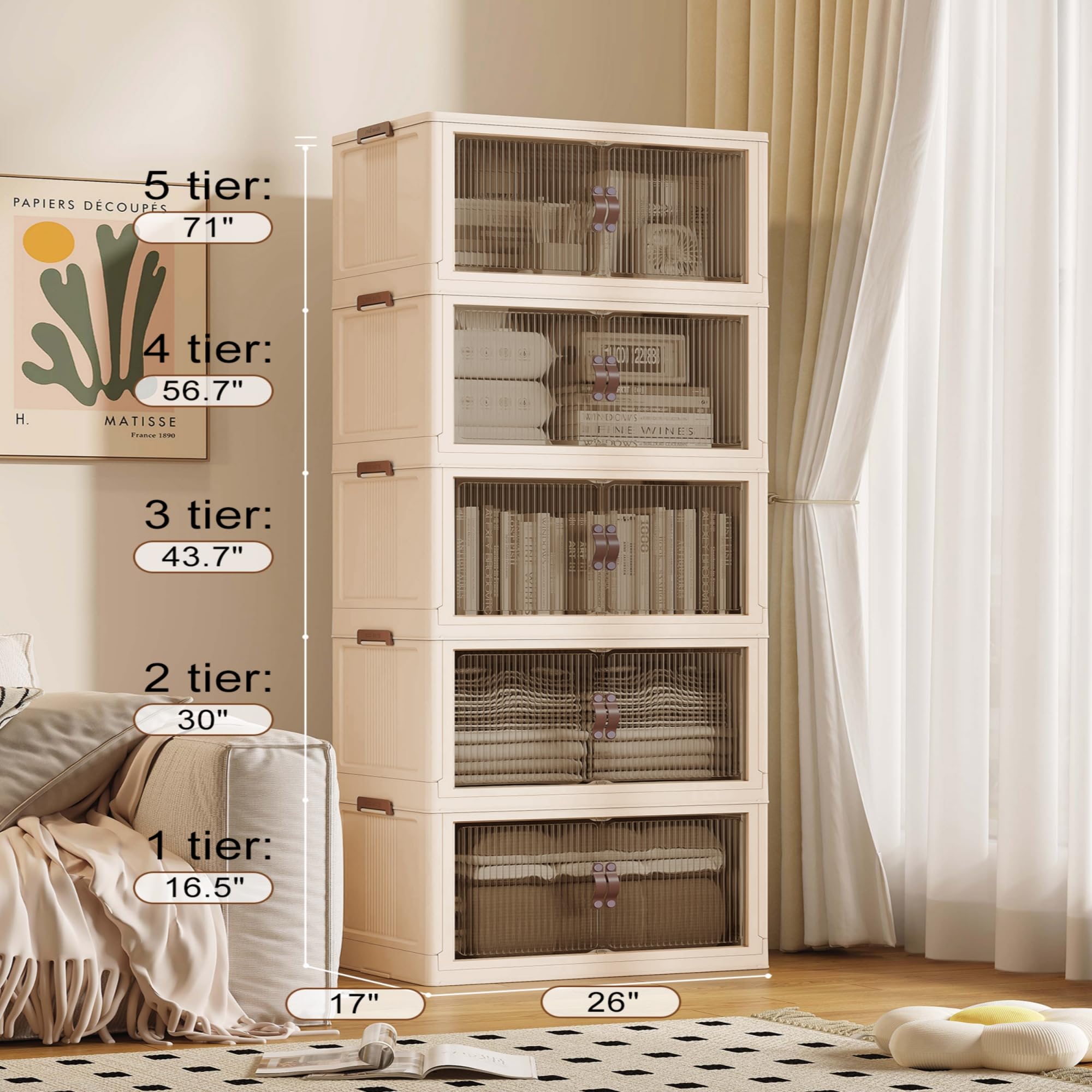 136 Gallon (543 Quart) Stackable Collapsible Storage Bins with Lids - Beige Closet Organizer Box with Door (26
