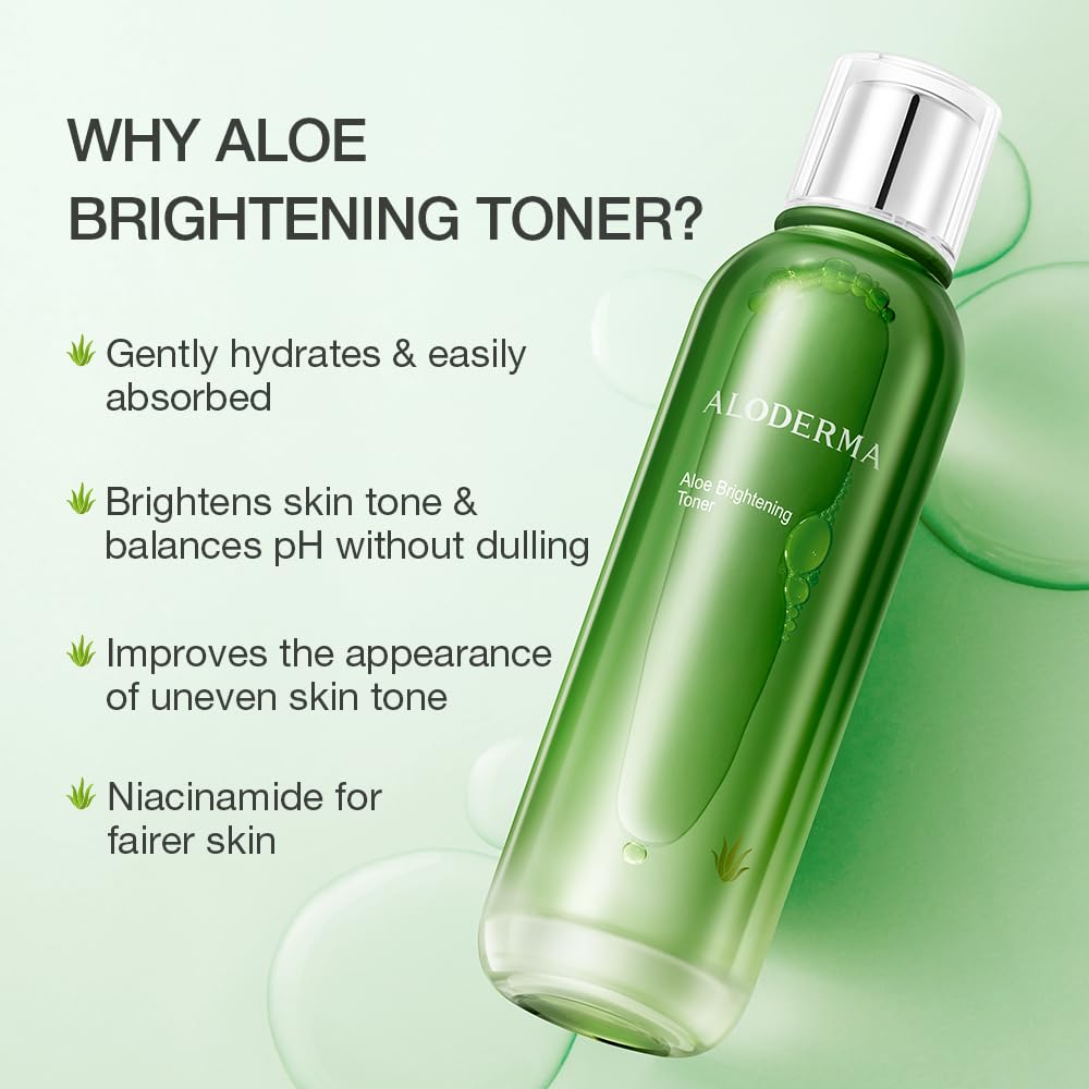Aloderma Signature Aloe Brightening Skincare Set - 6 Piece Kit with Gel, Cleanser, Toner, Serum (x2), Cream for Hydration & Glow | Perfect for Dry & Sensitive Skin, Morning & Night Routine