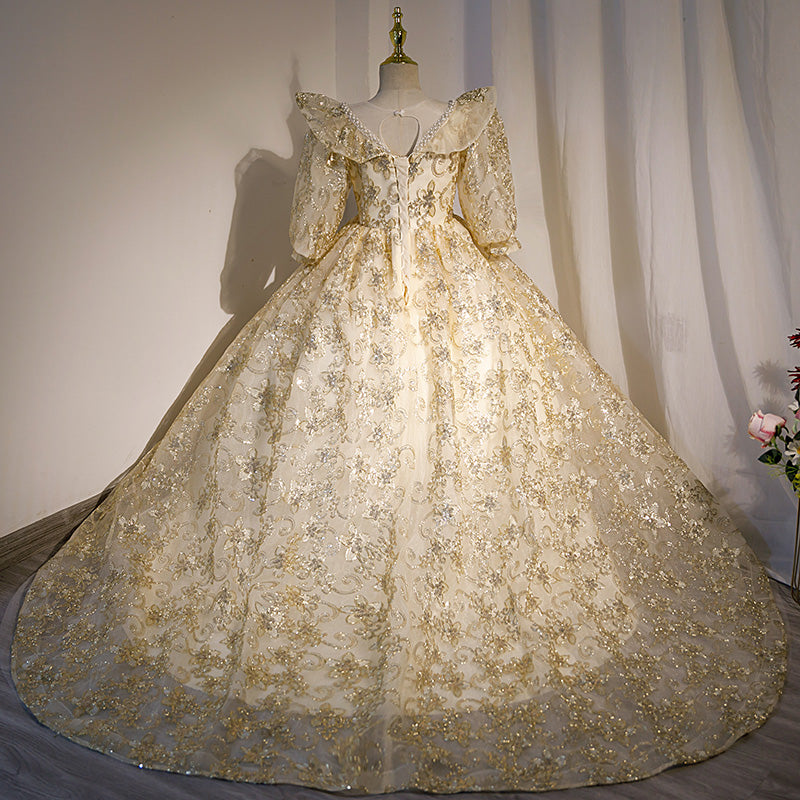 Gold Sequined Flower Girl Dress with Lantern Sleeves - Elegant A-Line Princess Gown for Weddings, Pageants & Special Occasions