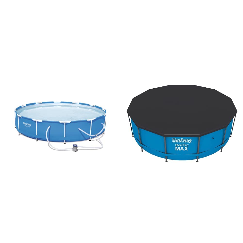 Bestway 56680 Steel Pro 12ft x 30in Above Ground Round Frame Swimming Pool Set for Kids & Adults - Durable Outdoor Family Backyard Summer Fun | Includes 58037E Flowclear 12ft Round PVC Pool Cover with Drain Holes (Gray) - Perfect for Backyard Parties, Exercise & Relaxation