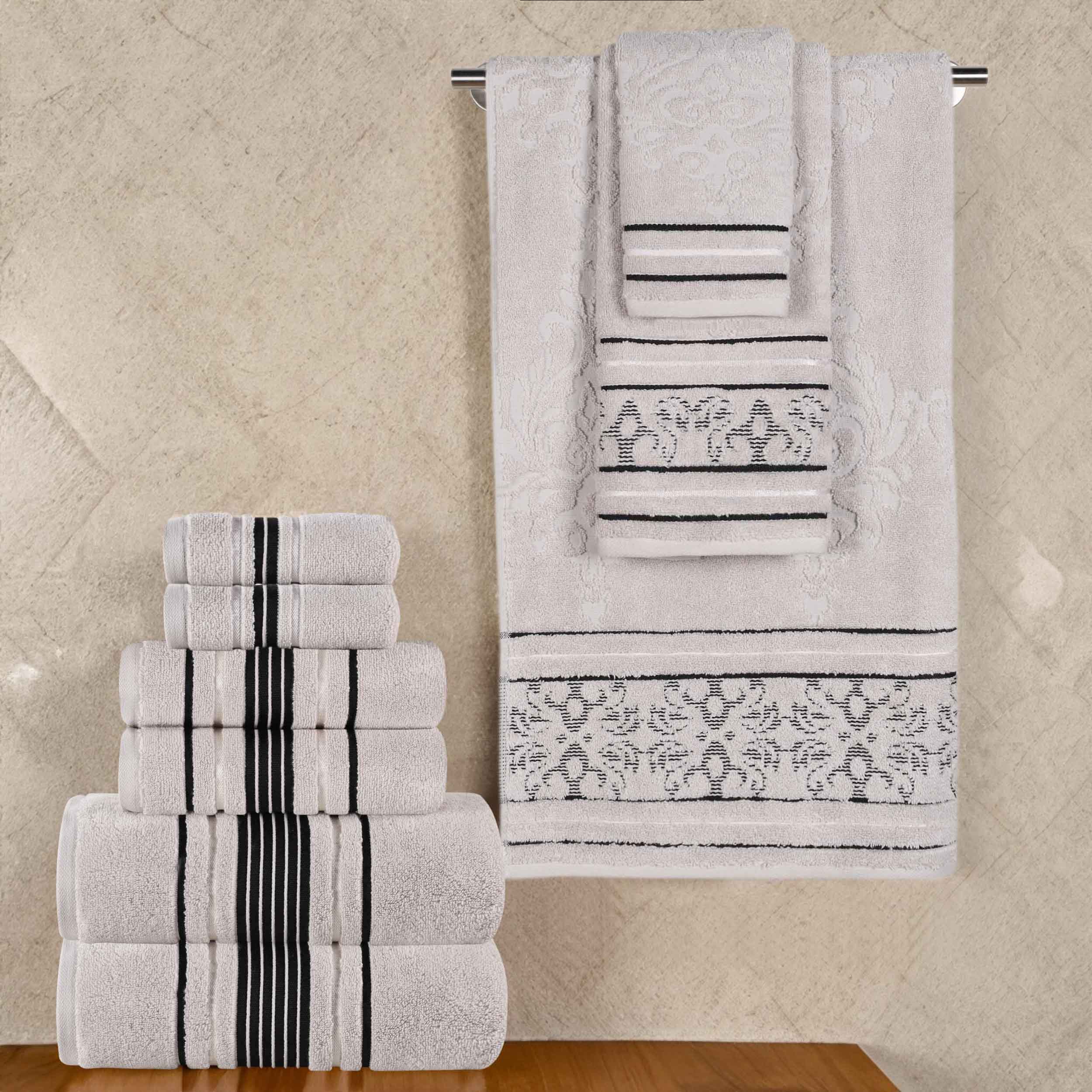 Sadie 9-Piece Zero Twist Cotton Towel Set - Solid & Jacquard Floral Bath Towels, Hand Towels & Washcloths - Soft & Absorbent for Bathroom, Spa & Guest Room