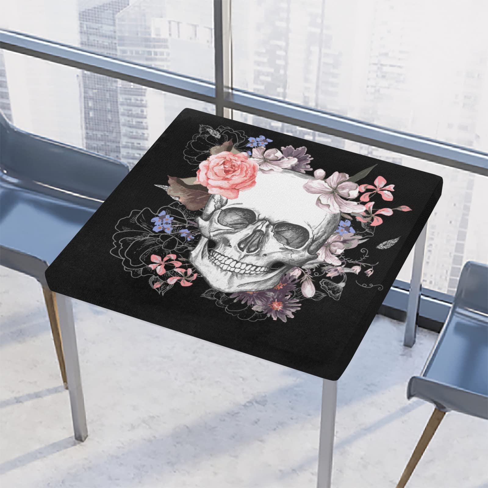 AUUXVA Vintage Sugar Skull Floral Elastic Edge Square Tablecloth - Day of The Dead Waterproof Wipeable Fitted Table Cover (34x34 Inch) for Dining, Kitchen, Party & Patio Tables | Perfect for Halloween, Mexican Fiesta & Outdoor Gatherings