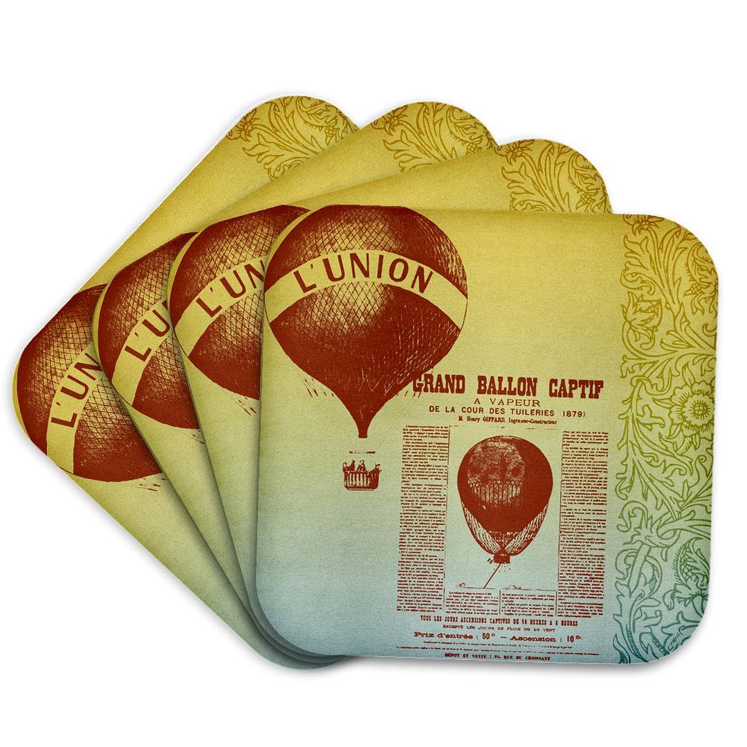 Vintage French Hot Air Balloons Art Coasters - Set of 4 Absorbent Soft Drink Coasters for Home, Bar & Office Decor