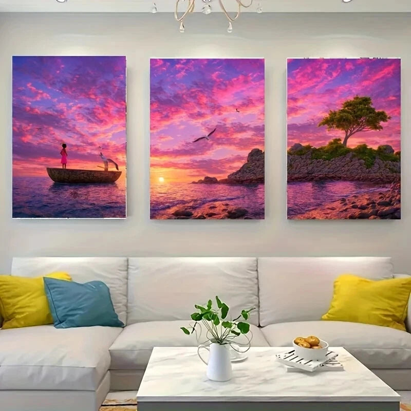 3-Piece Colorful Sunset White Wolf Metal Wall Art Prints - Ready to Hang Home Decor for Living Room, Bedroom & Office