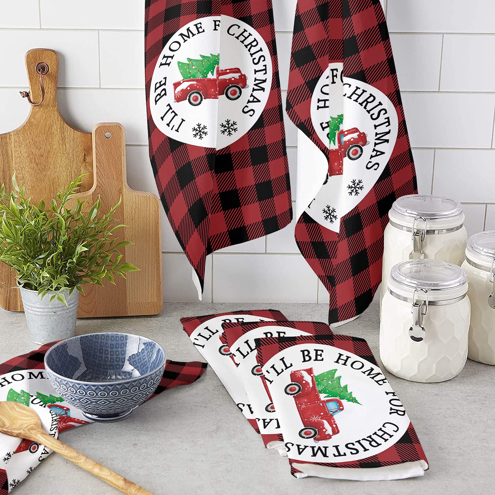 Super Absorbent Soft Microfiber Kitchen Dish Towels 2 Pack - Christmas Red Car Tree Buffalo Plaid Design | Dishcloths, Hand & Tea Towels for Kitchen, Bathroom, Bar | Perfect for Holiday Decor & Daily Cleaning