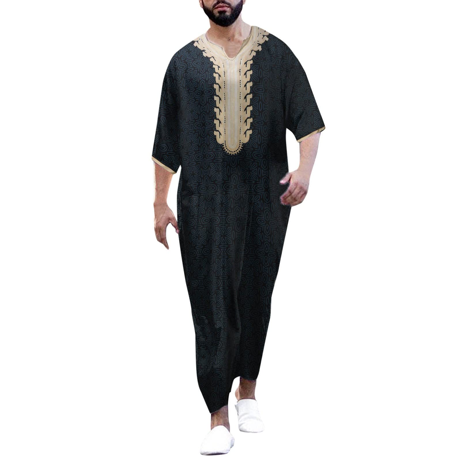 Men's Muslim Kurta Thobe with Pocket - Long Sleeve Round Neck Kaftan for Big & Tall - Perfect for Eid, Ramadan & Special Occasions