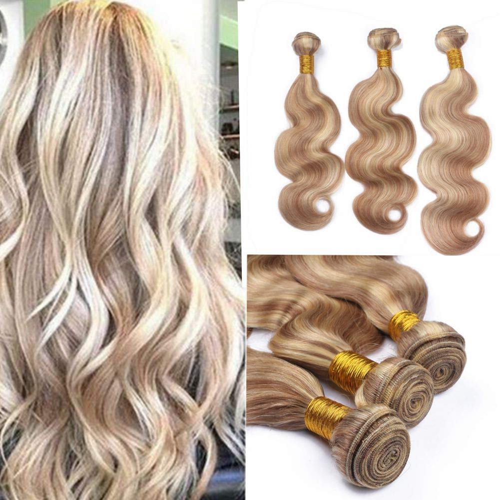 Brazilian Ombre Hair Extensions - Mixed Length Double Weft Wet & Wavy Human Hair Weave Bundles (Piano 27/613 Blonde) for Stunning Beach Waves & Everyday Glamour