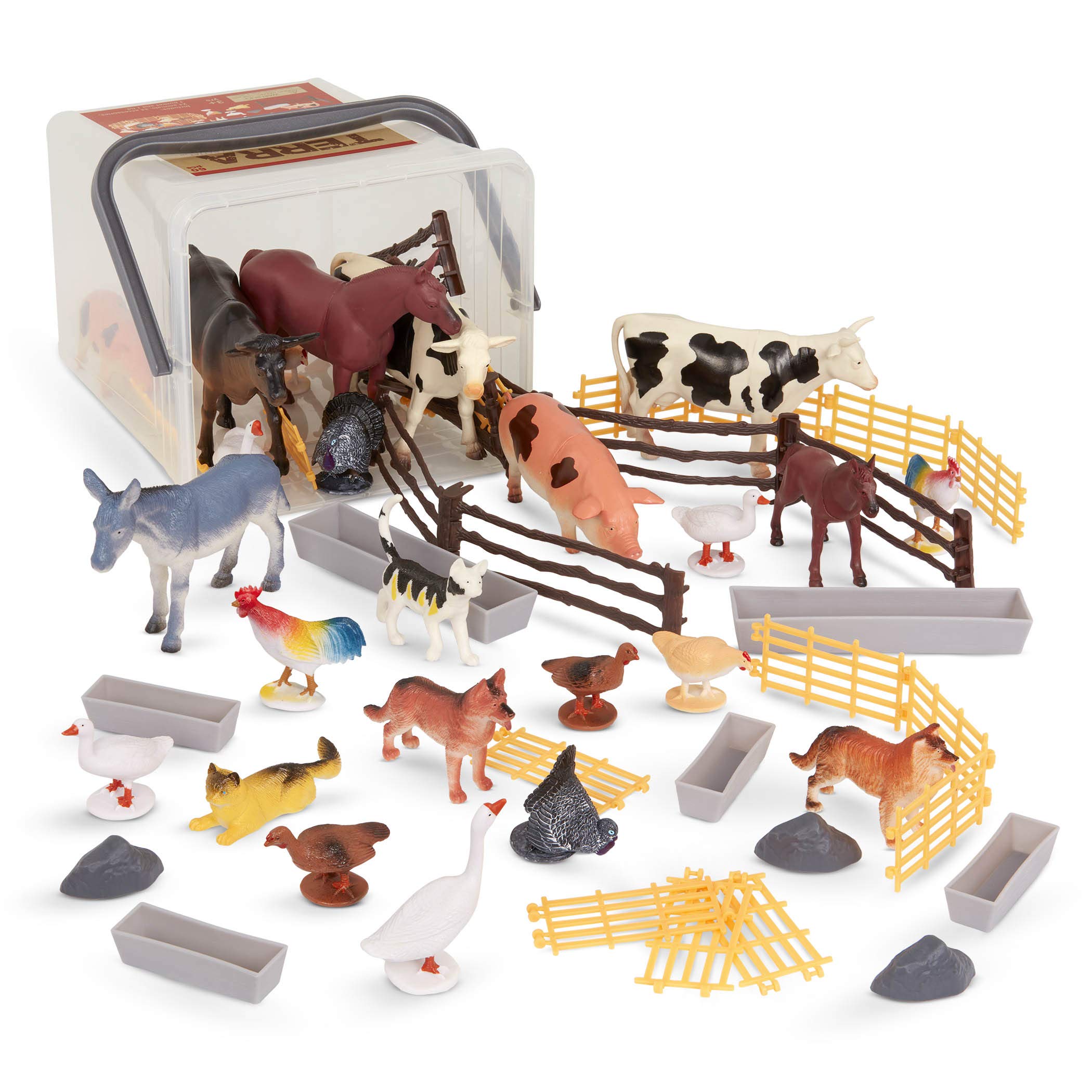 Battat Terra Wooden Animal Barn Toy Playset (20 Pc) & Realistic Farm Animal Toys Set (60 Pc) – Perfect for Kids Pretend Play, Farm-Themed Learning, and Montessori Educational Activities