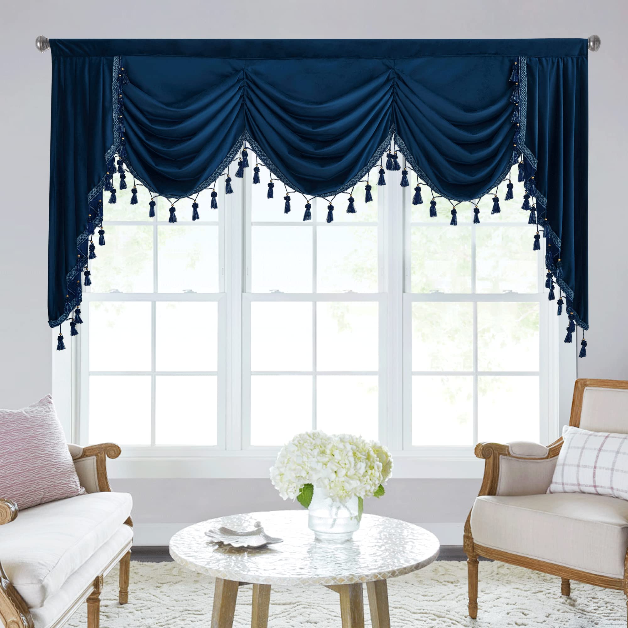 StangH Navy Blue Velvet Curtain Valances - Super Soft Blackout Waterfall Swag Valances for Kitchen & Living Room - Extra Wide Room Divider Curtains for Dining Room - 79 Inches Wide - 1 Panel - Perfect for Home Decor, Window Treatments & Room Partitioning