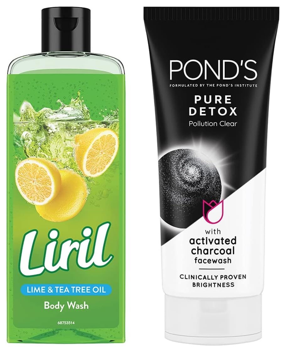 Pond's Pure White Anti Pollution Activated Charcoal Face Wash 100g & Liril Lemon Tea Tree Oil Body Wash 250ml - Deep Cleansing for Acne & Oil Control, Refreshing Shower Gel for Smooth Skin