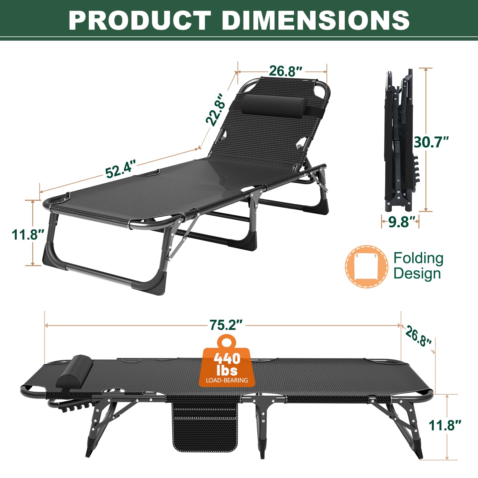 LILYPELLE 5-Position Adjustable Folding Outdoor Chaise Lounge Chair with Mattress - Patio Reclining Sun Lounger for Sunbathing, Camping, Poolside & Beach Relaxation - Perfect for Backyard, Deck and Outdoor Leisure