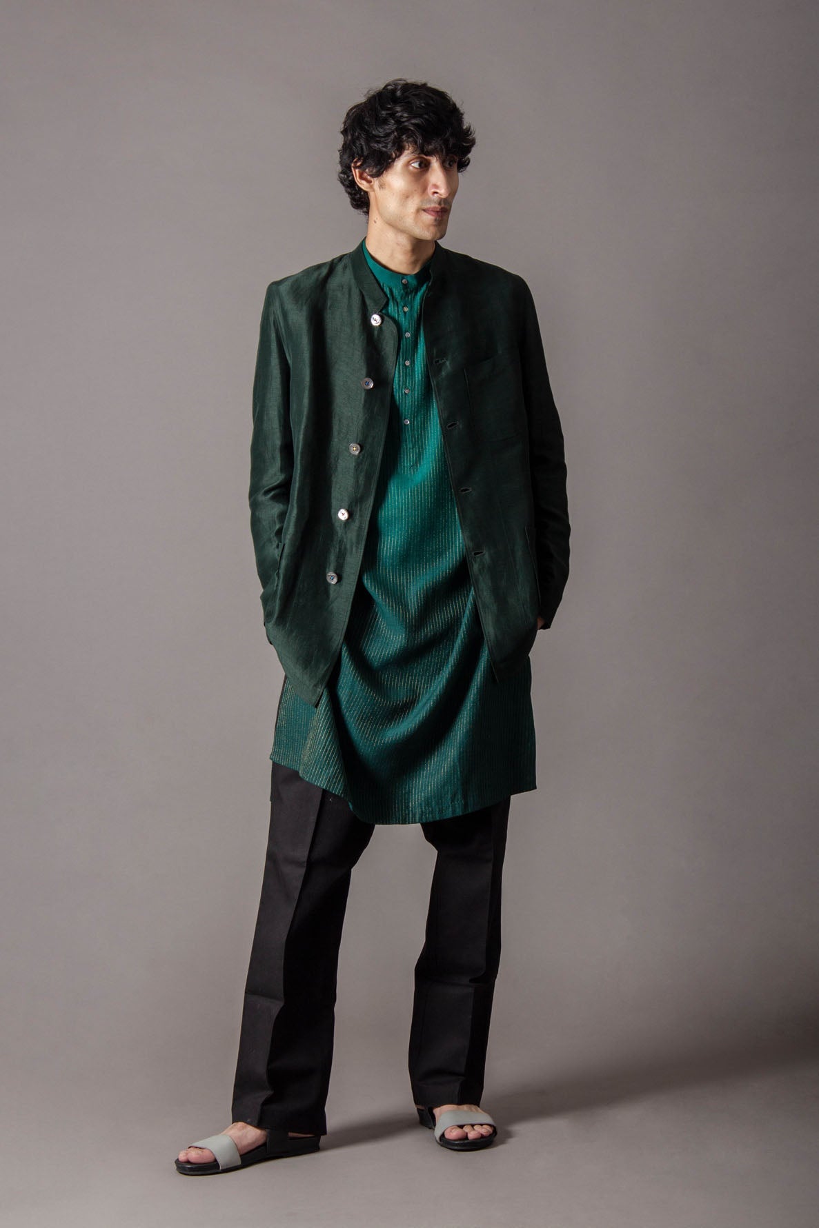 Elegant Bandhgala Jacket in Satin Linen - Deep Forest Green for Men | Perfect for Weddings, Parties & Formal Events
