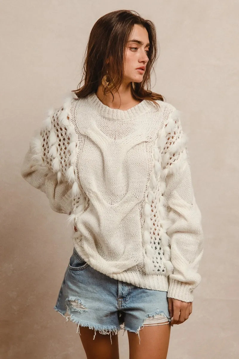 BiBi Women's Faux Fur Cable Knit Sweater - Cozy Winter Pullover for Casual Outings & Holiday Gatherings