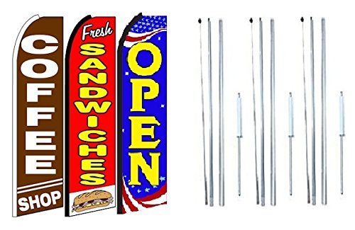 OnPoint Wares Coffee Shop & Fresh Sandwiches Open King Feather Flag Sign Kit with Complete Hybrid Pole Set - Pack of 3 | Perfect for Outdoor Advertising, Grand Openings & Business Promotions