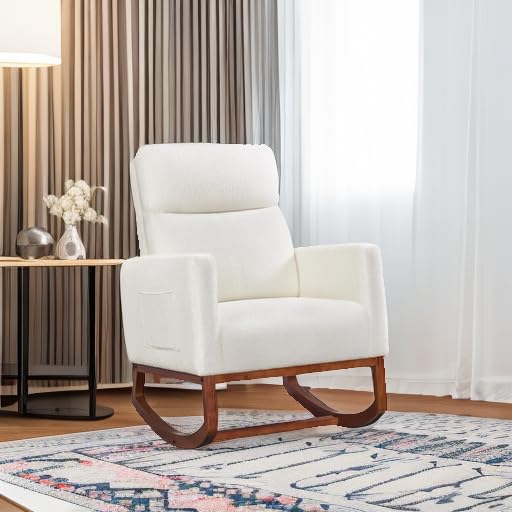 Yaheetech Upholstered Rocking Chair - Boucle Glider Nursery Chair with High Back & Side Pocket, Accent Armchair with Rubber Wood Legs for Living Room, Bedroom, Nursery - Perfect for Nursing, Reading & Relaxing (Ivory)