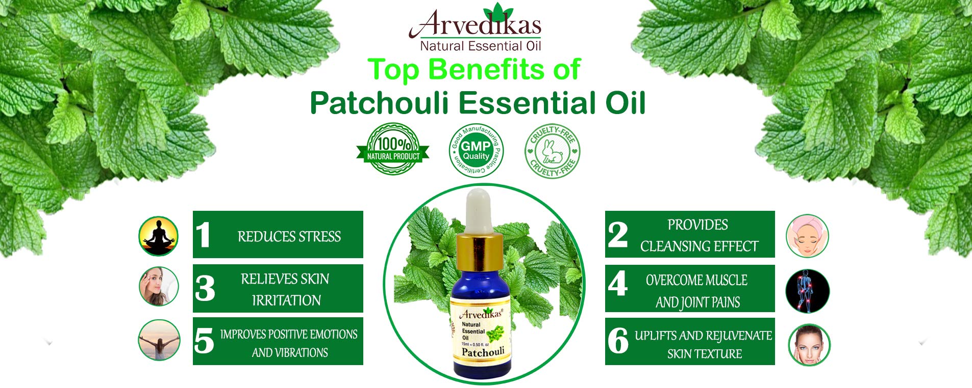 Arvedikas Patchouli Essential Oil 10ml - Promotes Healthy Hair, Glowing Skin & Hair Fall Control | Perfect for Aromatherapy, Massage & DIY Skincare