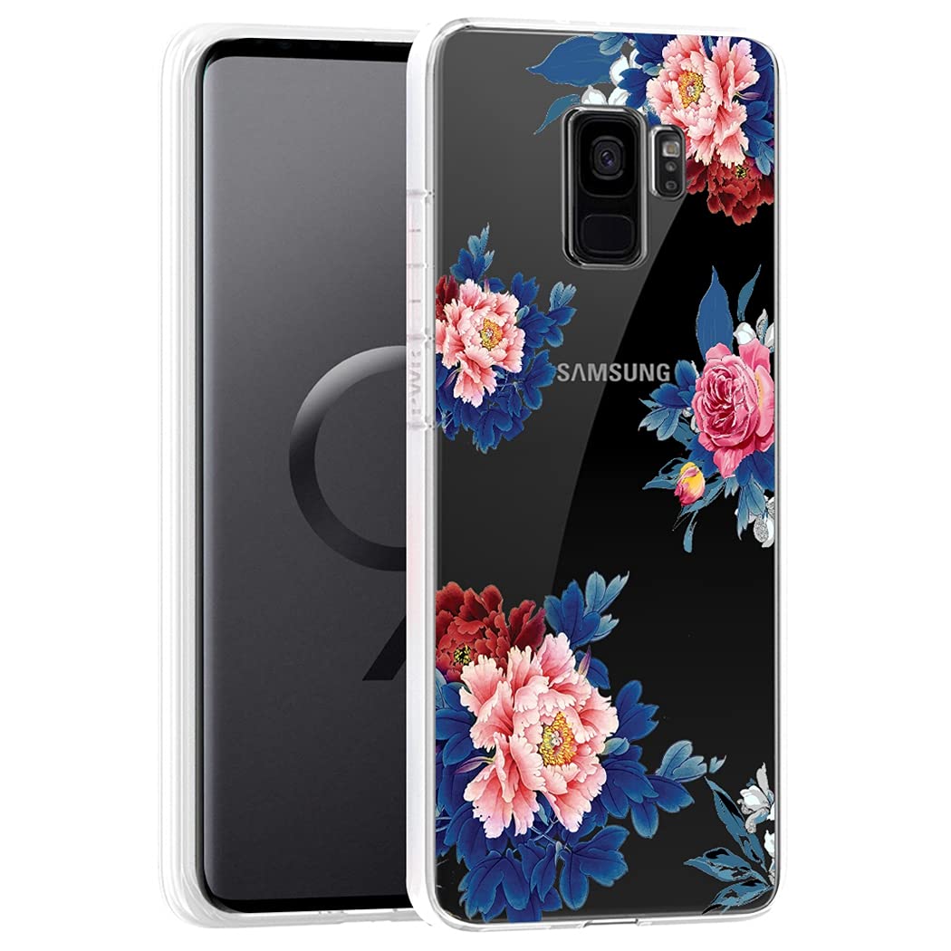 Samsung Galaxy S9 Phone Case for Women - Clear Slim Shockproof Flexible TPU Protective Cover with Blue Flower Design - Perfect for Everyday Use, Work & Travel