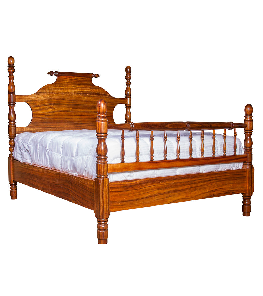 Luxury Scroll Hi-Low Four Poster Koa Wood Bed Frame - Handcrafted Hawaiian Hardwood Bed for Master Bedroom & Guest Room - Perfect for Coastal, Farmhouse & Tropical Home Decor