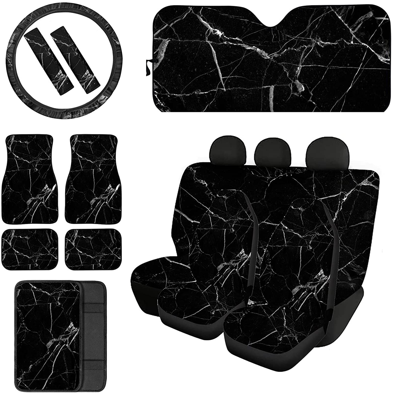 13PCS Universal Black Marble Car Accessories Set - Front Seat Covers, Sun Visor, Floor Mats, Steering Wheel Pad, Seatbelt Pads & Console Protector - Soft & Durable Interior Protection for Cars, SUVs & Trucks - Perfect for Daily Commute, Road Trips & Vehicle Maintenance