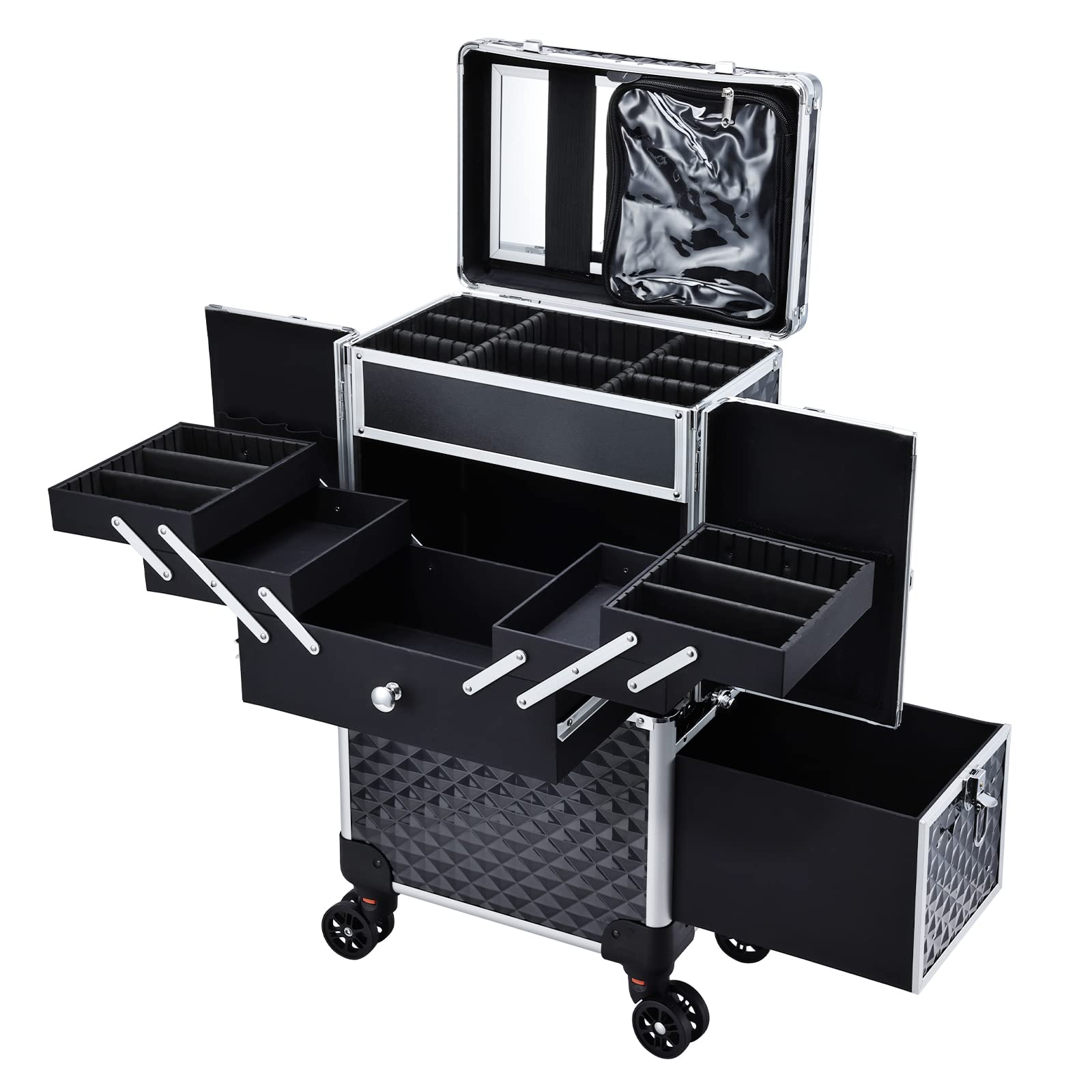 Adazzo Professional Makeup Artist Rolling Train Case - Large Multifunctional Cosmetic Trolley Storage for Nail Supplies & Hairstylist Tools | Perfect for Salon, Travel & Mobile Beauty Services