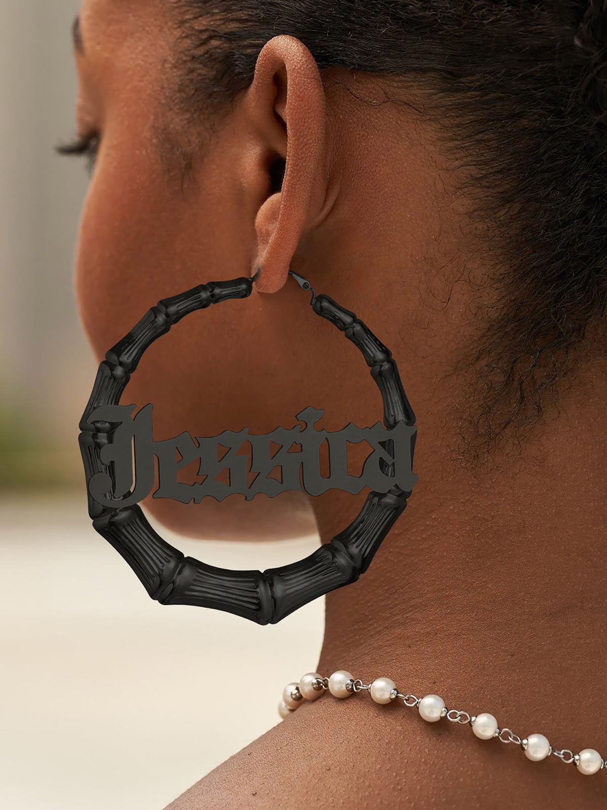 U7 Bamboo Hoop Earrings for Women - Stainless Steel, 18K Gold Plated, Personalized Black Statement Earrings - Extra Large Hip Hop Name Hoops - Perfect for Parties, Fashion Jewelry & Gifts (Gift Box Included) | Great for Night Out, Concert, Birthday & Special Occasions