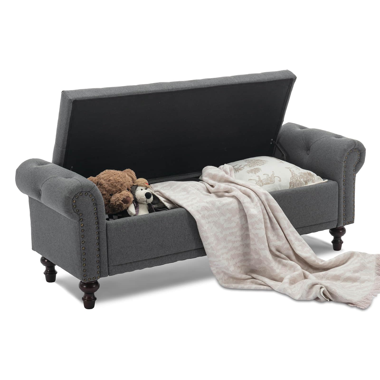 Upholstered Linen Storage Bench with Tufted Cushion & Rolled Arms - Large Ottoman for Bedroom, Living Room, Entryway - Grey Storage Seat Perfect for Reading Nook & Extra Seating