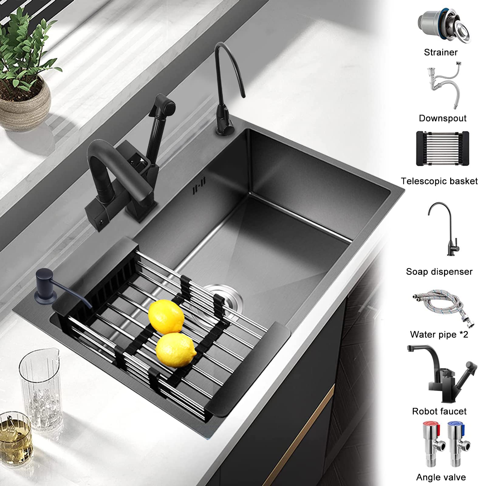 Undermount Single Bowl Kitchen Sink with Faucet - 304 Stainless Steel Large Capacity Black Nano Coating - Durable Thick Design for Home Use - Perfect for Meal Prep, Dishwashing & Modern Kitchens