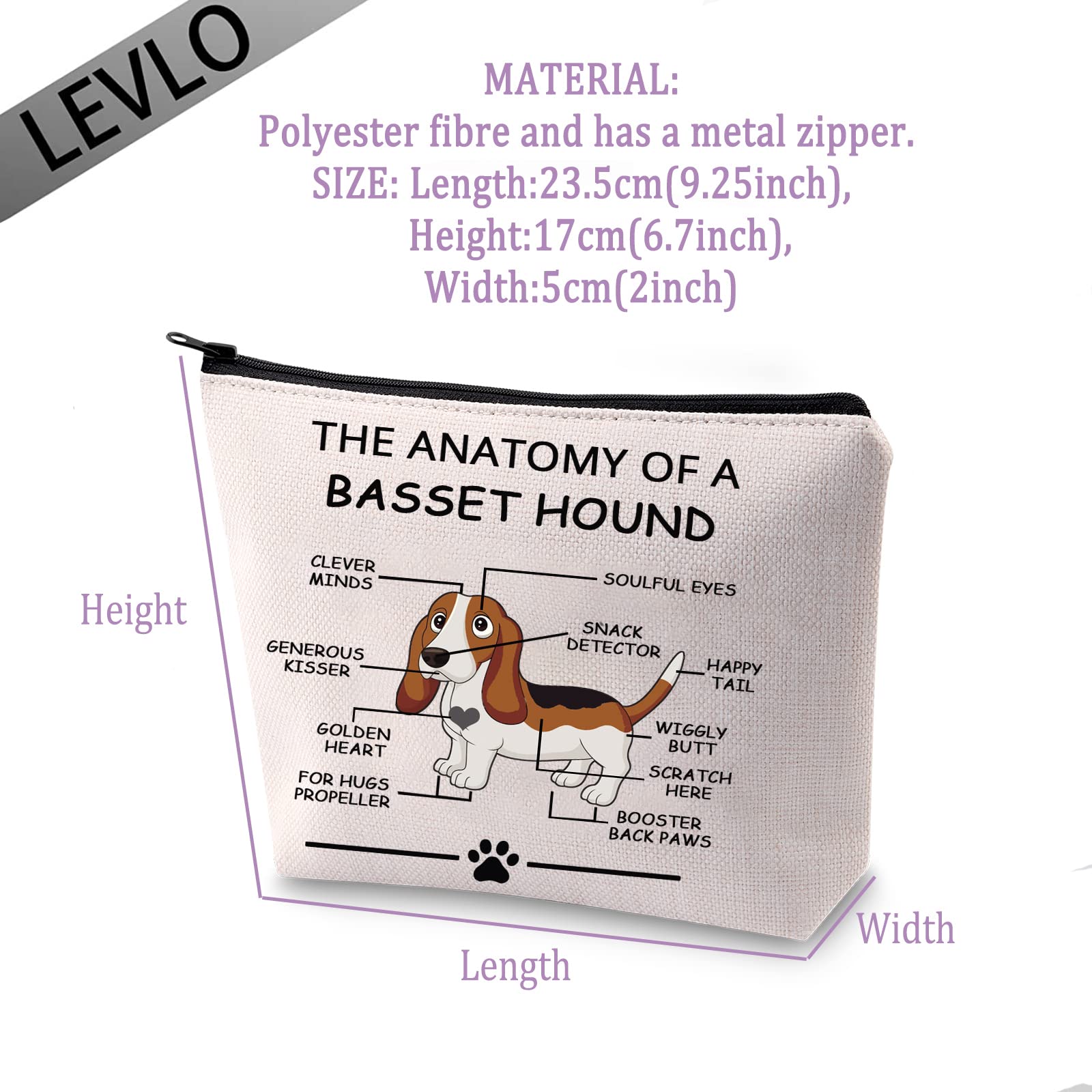 LEVLO Funny Basset Hound Lovers Gift - The Anatomy of A Basset Hound Cosmetic Bag for Veterinary Moms | Travel Toiletry Organizer for Dog Lovers | Perfect for Makeup Storage & Pet Owner Gifts