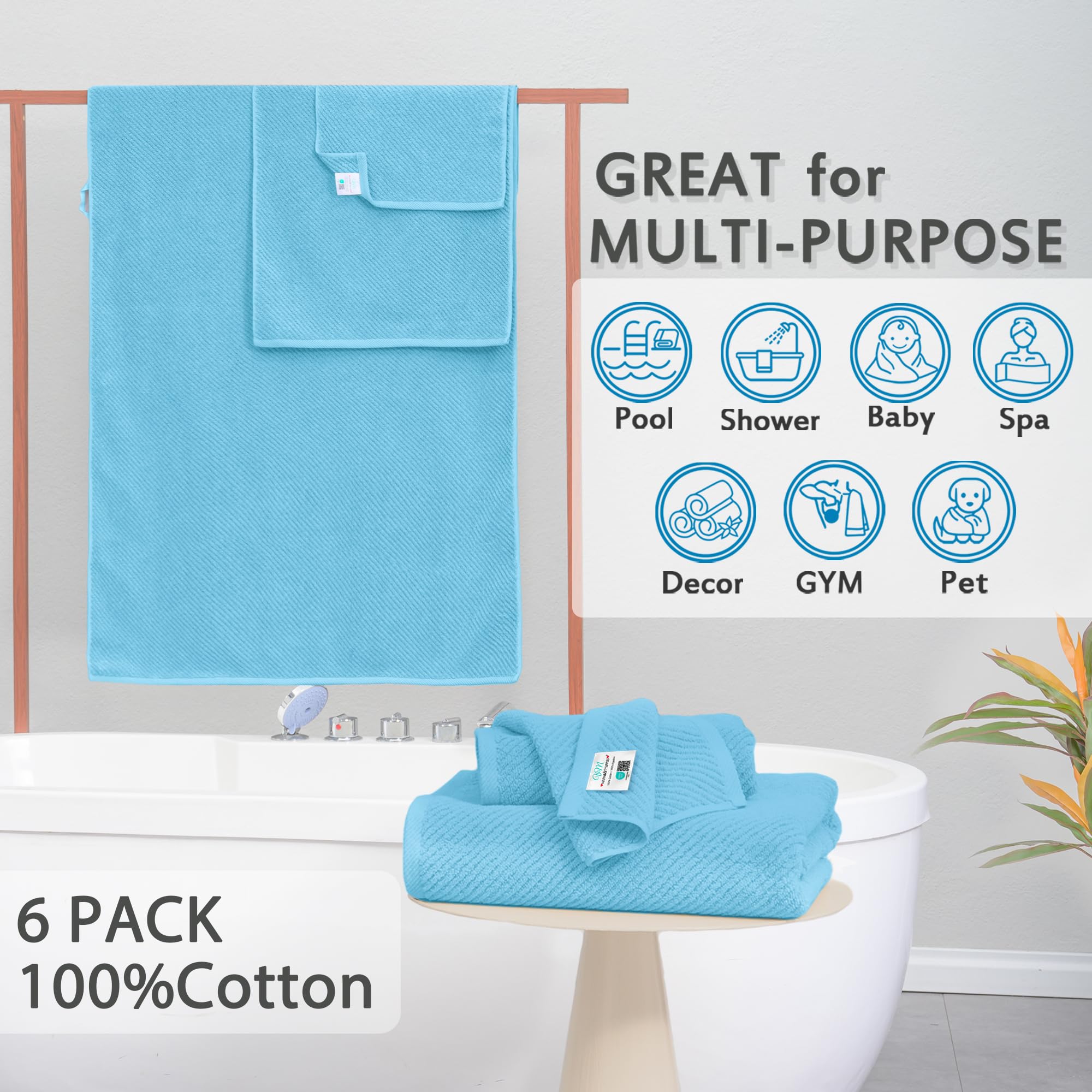 Premium 100% Cotton Bath Towel Set of 6 - Ultra Soft & Quick Dry Luxury Towels (2 Large 30