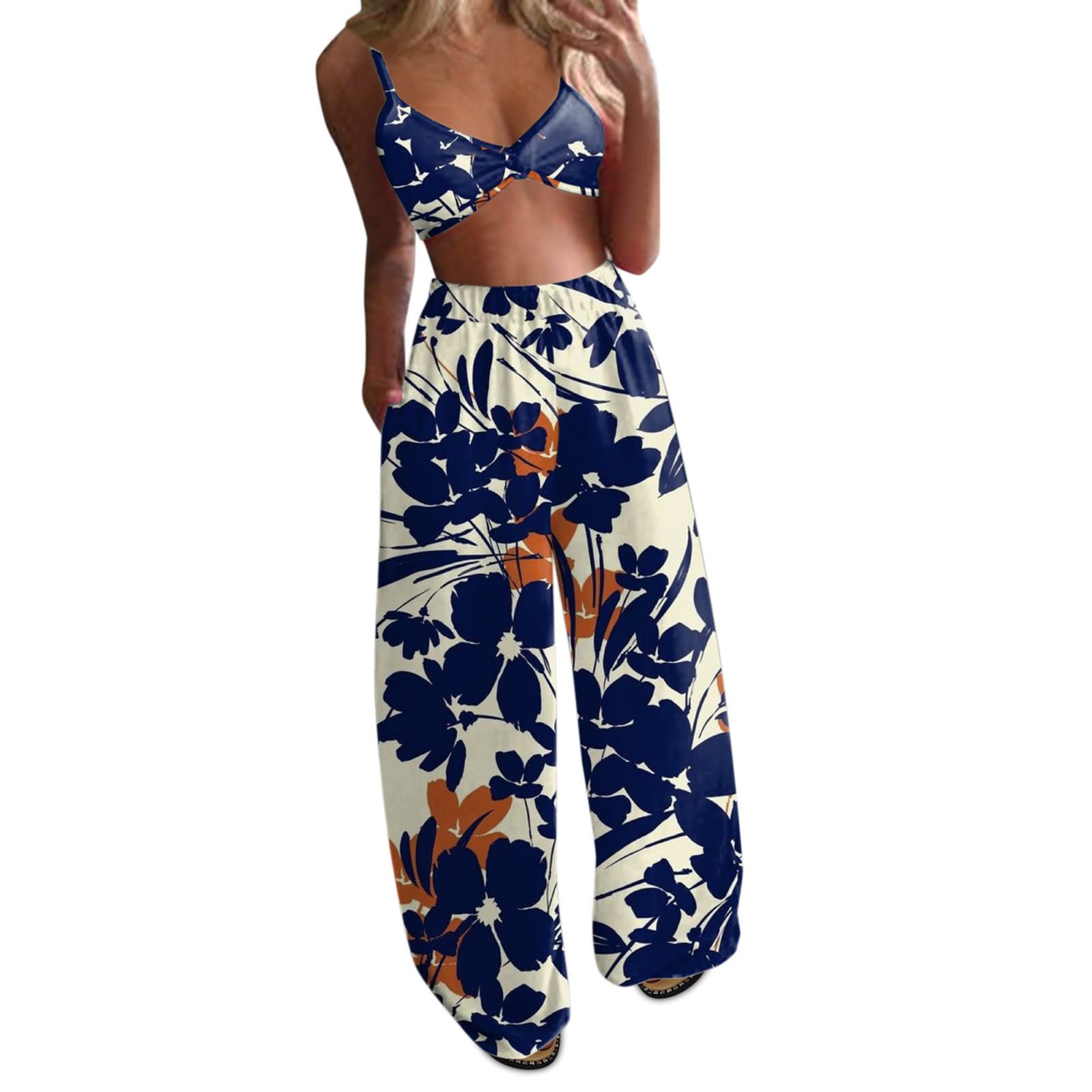Boho Women's 2-Piece Outfit Set - Printed Crop Top & Wide Leg Loose Pants | Casual Summer Outfit, Beach Wear, Festival Fashion