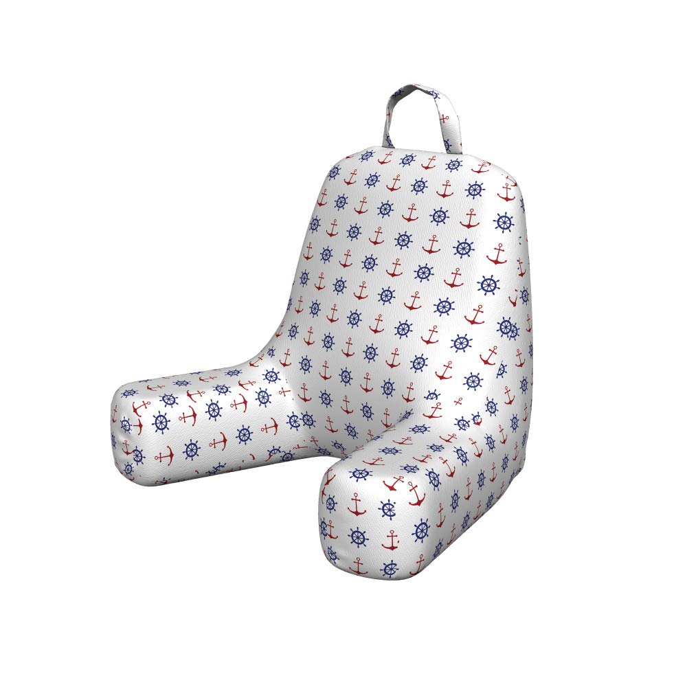 Ambesonne Anchor Bedrest Pillow with Back Pocket - Nautical Maritime Design with Anchors & Ship Wheels on White - Navy Blue & Ruby Reading & Gaming Pillow for Dorm Room, Bed, Sofa - Small Size Home Decor Accessory