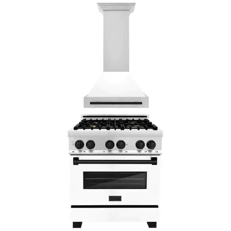 ZLINE Autograph Edition 30-inch Stainless Steel Dual Fuel Range with White Matte Door & Matte Black Range Hood - Professional Kitchen Package for Home Chefs | Perfect for Modern Kitchens & Gourmet Cooking