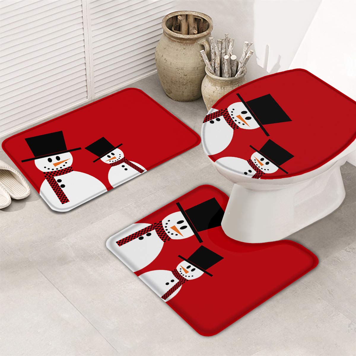 **Non-Slip Christmas Bath Rugs Set of 3 - Cute Snowman Red Bathroom Rug, U-Shaped Toilet Mat & Toilet Lid Cover | Absorbent, Washable & Durable for Bathroom, Home Decor | Perfect for Holidays & Winter Season**