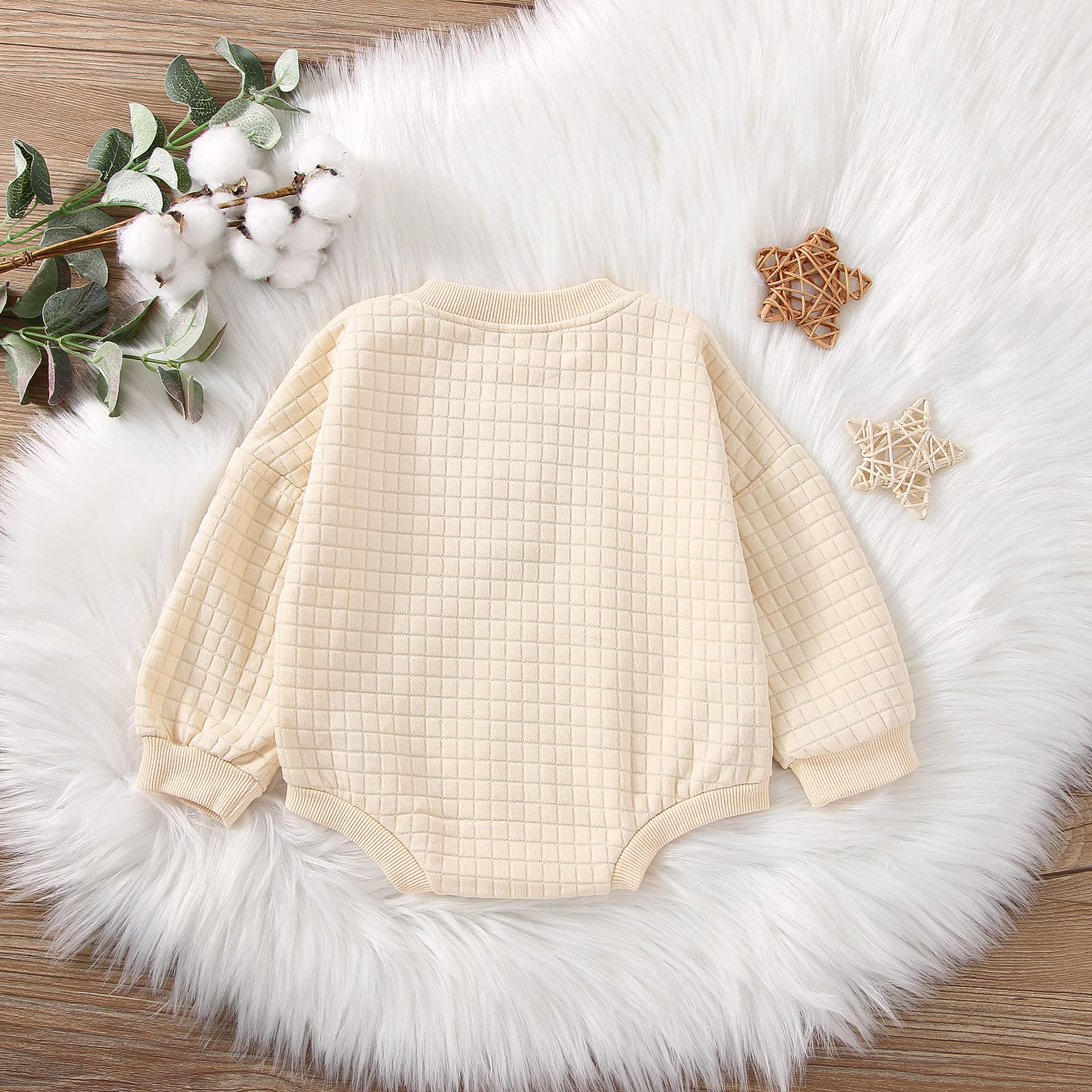 Emmababy Baby Boy & Girl Long Sleeve Waffle Knit Jumpsuit - Oversized Crewneck Sweatshirt Romper with Buttons - Cozy Fall Outfit for Infants - Perfect for Playdates, Family Photos & Autumn Adventures