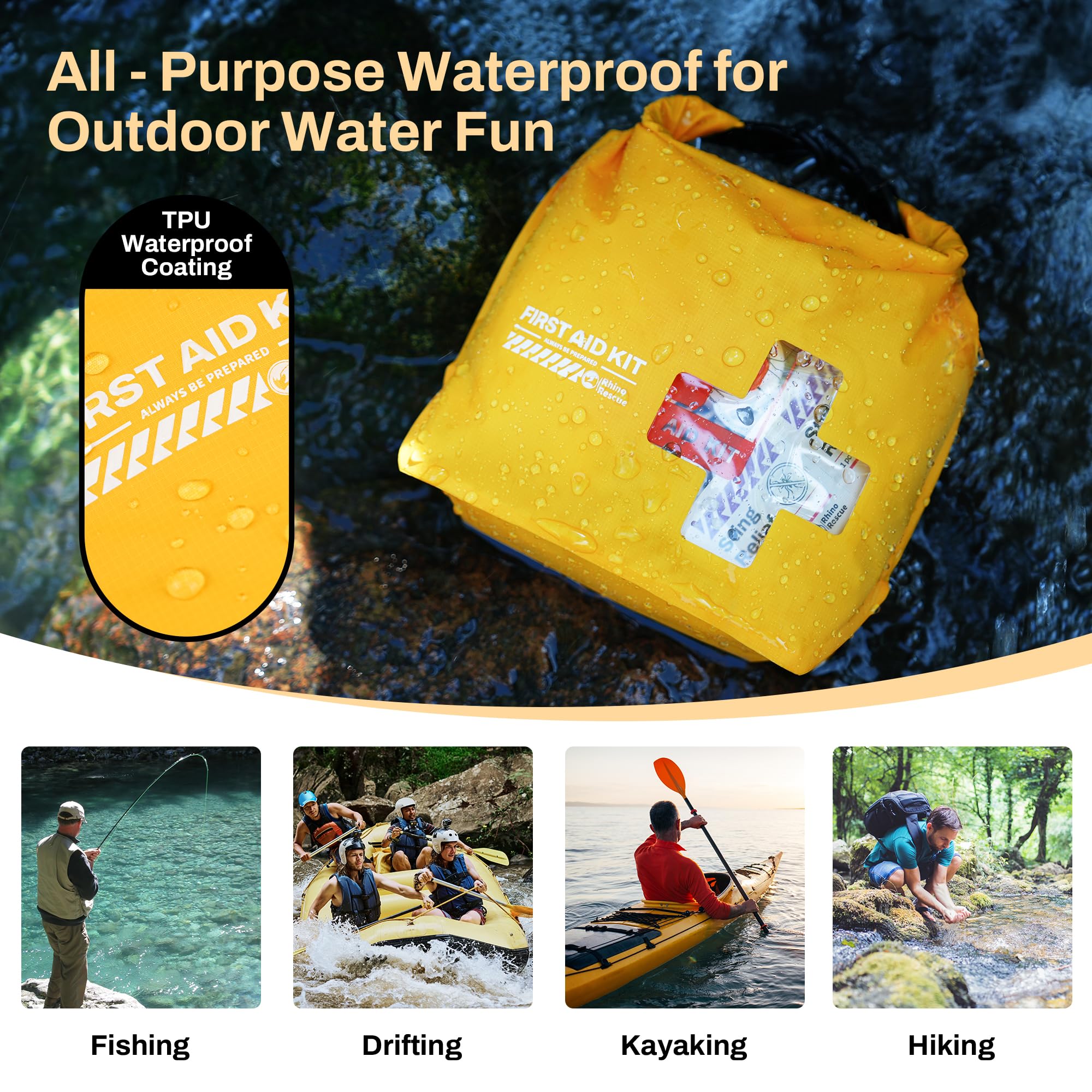 RHINO RESCUE Waterproof First Aid Kit | Lightweight Emergency Dry Bag for Boating, Kayaking, Swimming & Camping | FSA/HSA Eligible Survival Supplies | Perfect for Outdoor Adventures & Emergency Preparedness (Yellow)