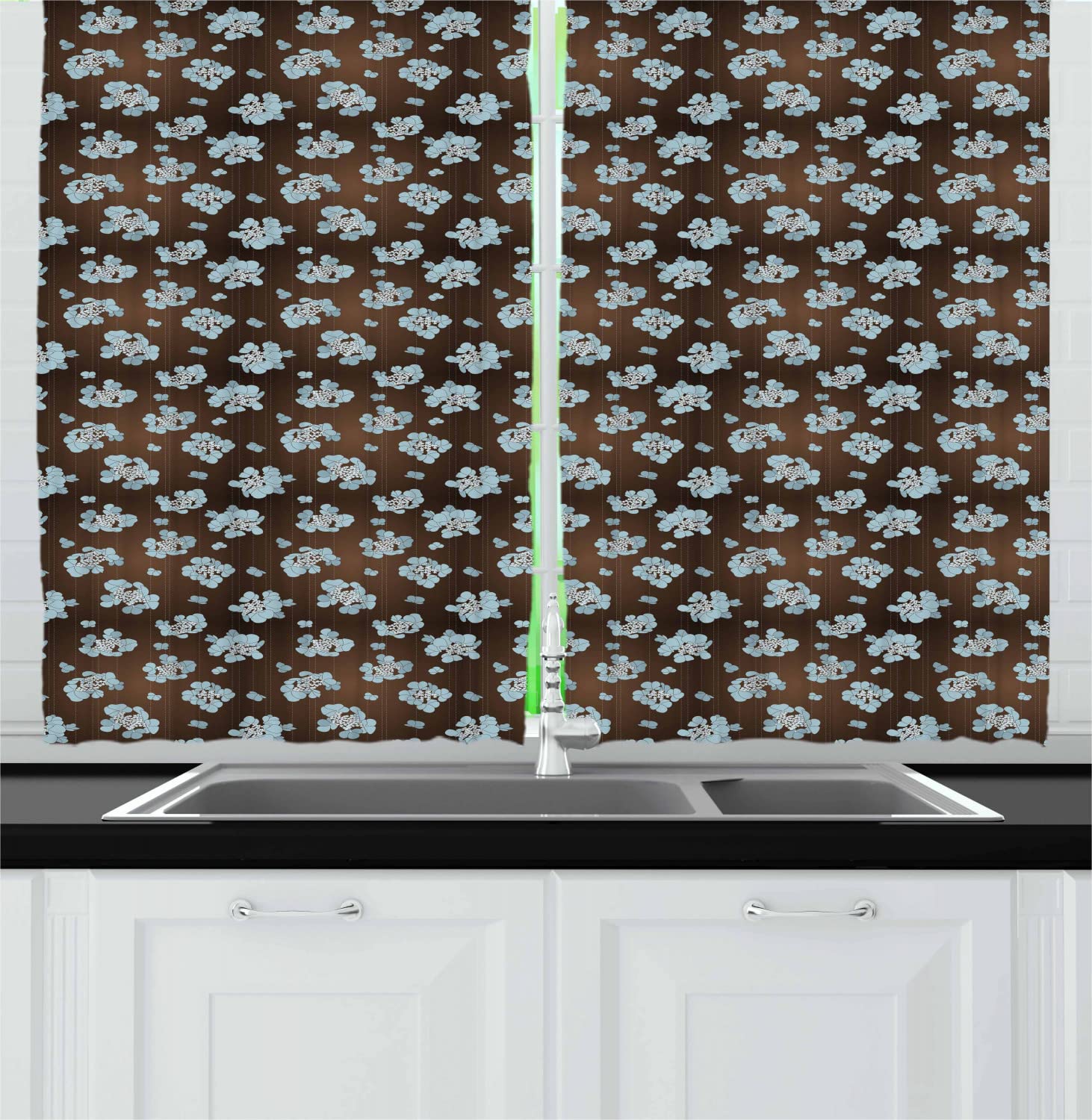 Ambesonne Abstract Floral Kitchen Curtains - Blue, Brown & White Vertical Dotted Line Design, 55