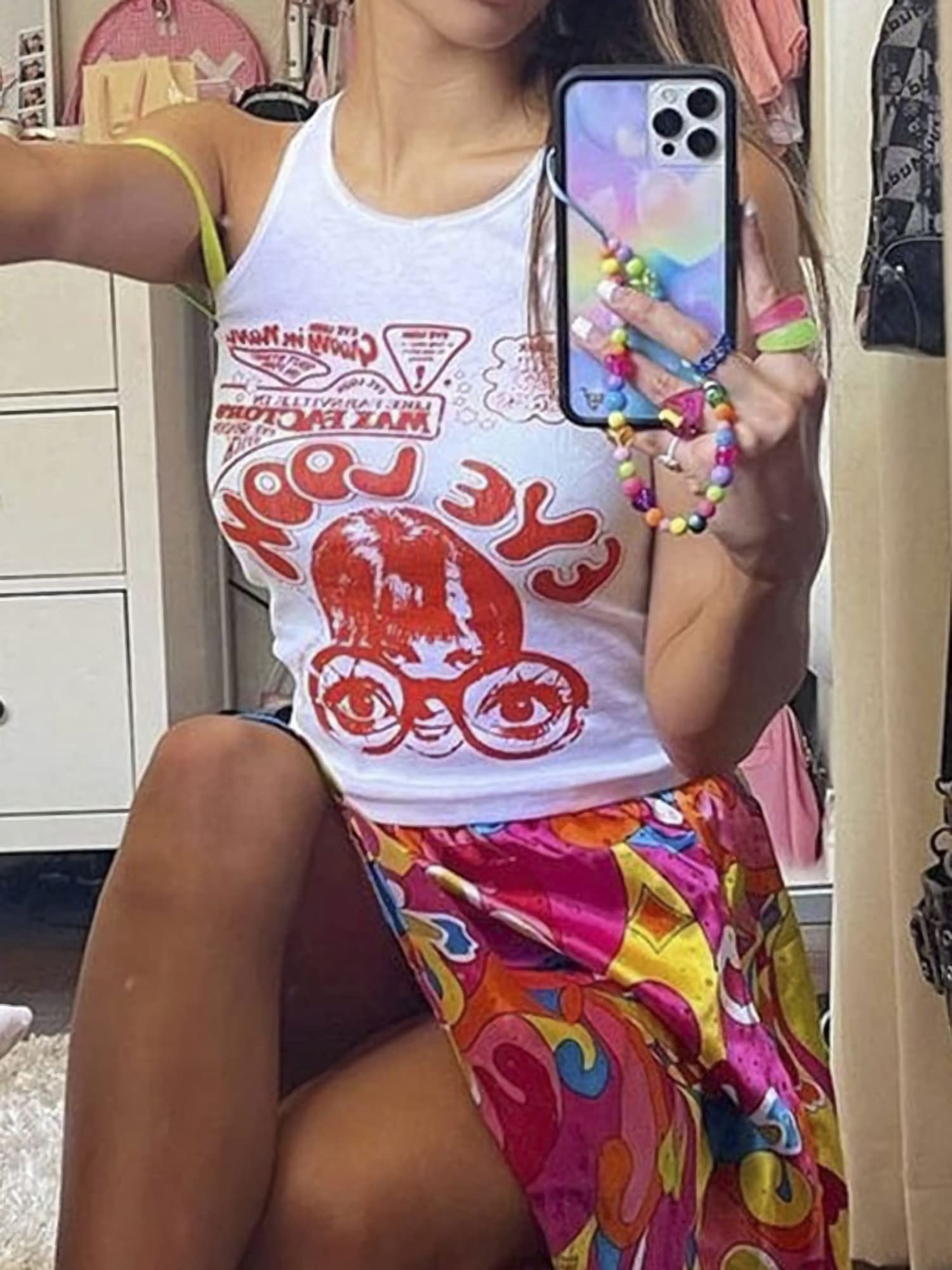 LQI Women's Y2K Style Ribbed Sleeveless Crop Tank Tops - Summer Fashion Guitar Print Casual Tops for Concerts, Beach Outfits & Streetwear