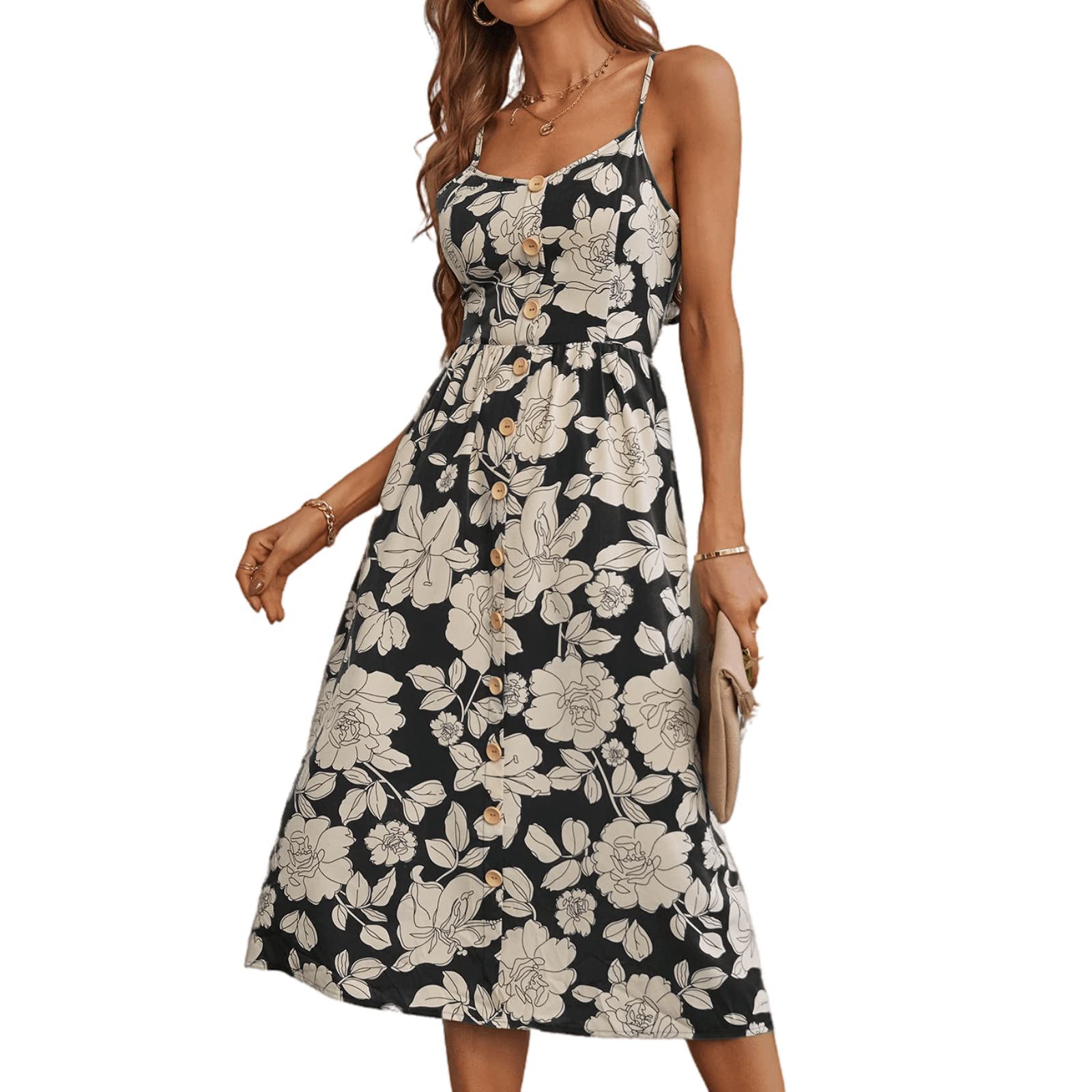 Women's Floral Summer Dress - Spaghetti Straps V-Neck Button Down Sleeveless Boho Midi Sundress for Beach Vacation, Spring Outfits & Casual Wear