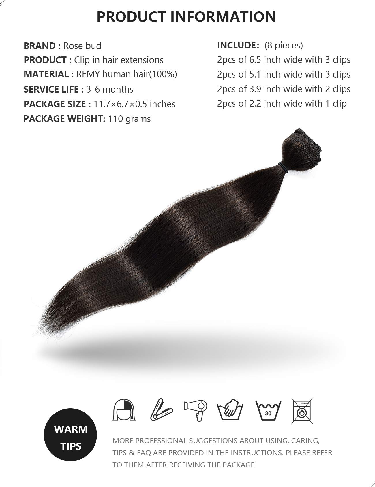 Premium 8Pcs Rose Bud Clip-in Hair Extensions - 100% Remy Human Hair, 18 Clips, 60g/Set, 10 Inch Dark Brown - Perfect for Parties, Weddings & Everyday Volume Boost