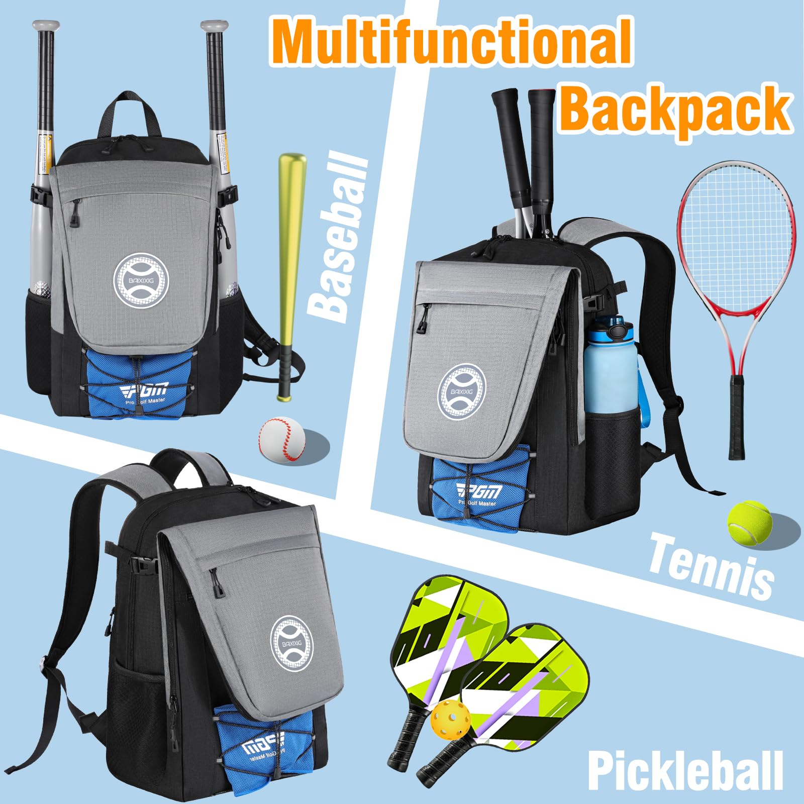 **Waterproof Tennis Backpack with Shoe Compartment – Large 40L Tennis Bag for Men & Women – Holds 3 Rackets & Gear – Durable Gray Tennis Equipment Backpack for Training, Matches & Travel**