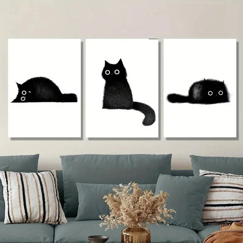 3pcs Cute Black Cat Metal Wall Art Prints - Ready to Hang Home Decor for Living Room, Bedroom & Office - Perfect Gift for Cat Lovers