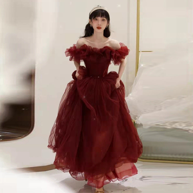 Elegant Burgundy One Shoulder Long Prom Dress with Tulle Skirt - Formal Evening Gown for Homecoming, Wedding & Special Occasions - Size 10