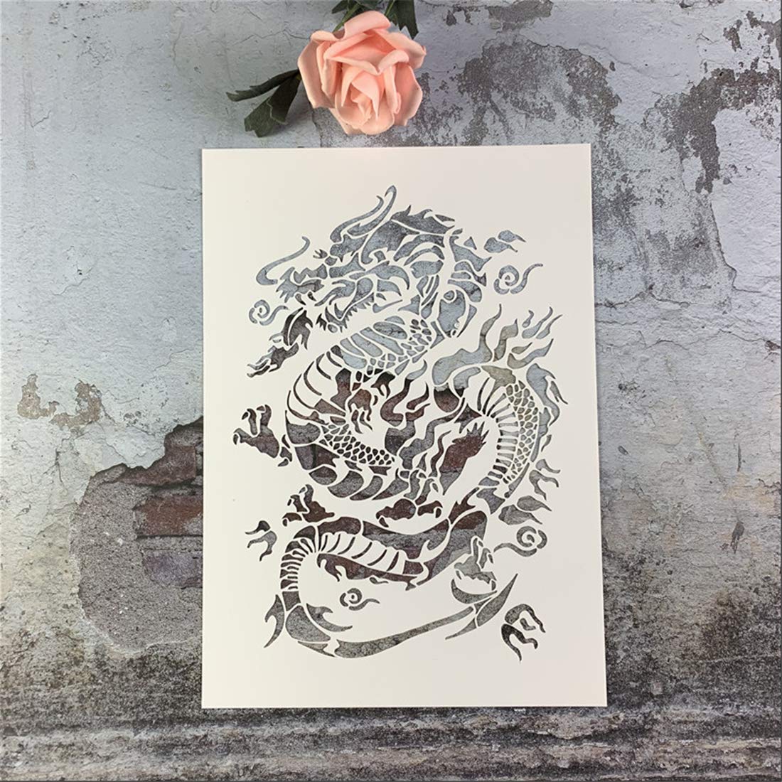 Zzooi Hollowed Out Oriental Dragon Stencil - Reusable Painting Template for Wood, Walls, Fabric & Airbrush - Perfect for DIY Art, Home Decor, and Craft Projects