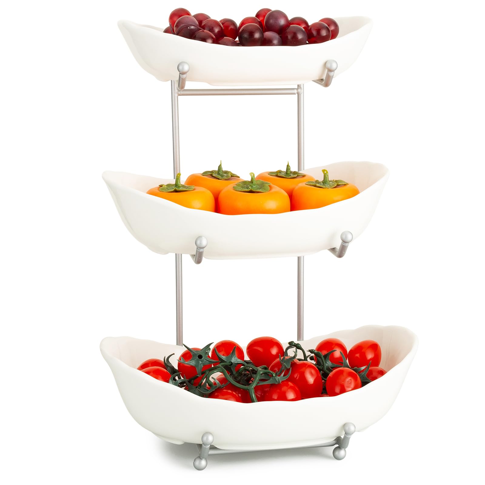 3-Tier Ceramic Fruit Bowl with Metal Stand - Elegant Kitchen Countertop Serving Bowl for Fruits, Vegetables, Snacks, Bread, Candy, Nuts, Cake & Desserts | Perfect for Dining Room, Party Display & Home Decor (White)