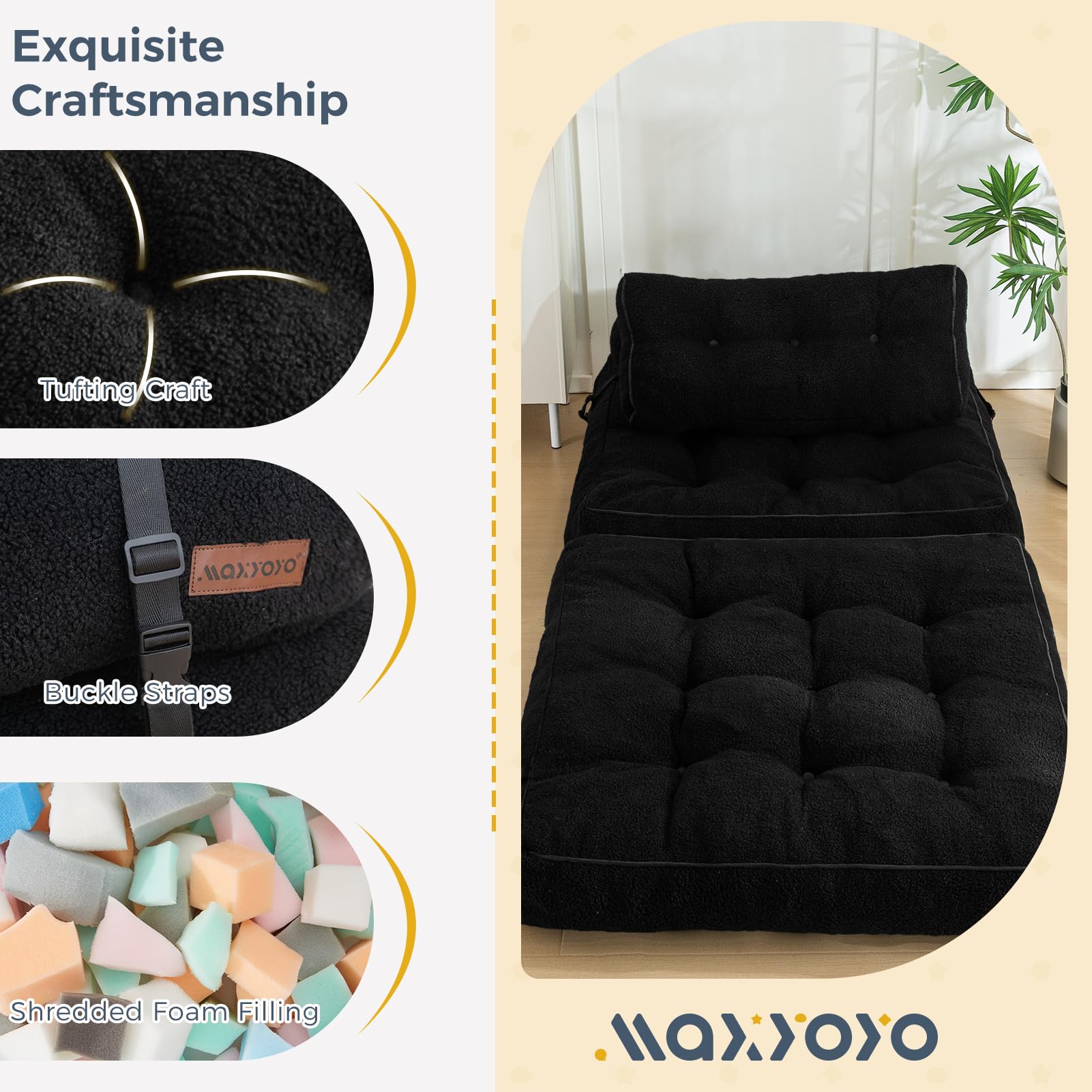 MAXYOYO Fuzzy Folding Sofa Bed - Convertible Sleeper Chair with Pillow & Foldable Mattress, Back Support for Living Room, Guest Room & Small Spaces (Black)