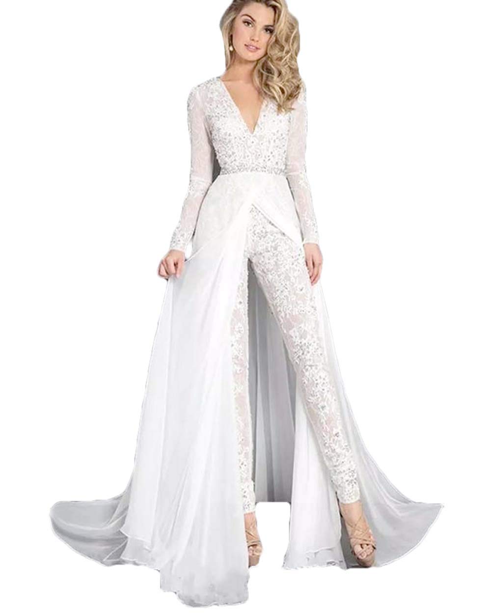 Elegant Lace Chiffon Jumpsuit with V-Neck & Long Sleeves - Beaded Belt Casual Beach Dress for Women | Perfect for Weddings, Parties & Summer Vacations