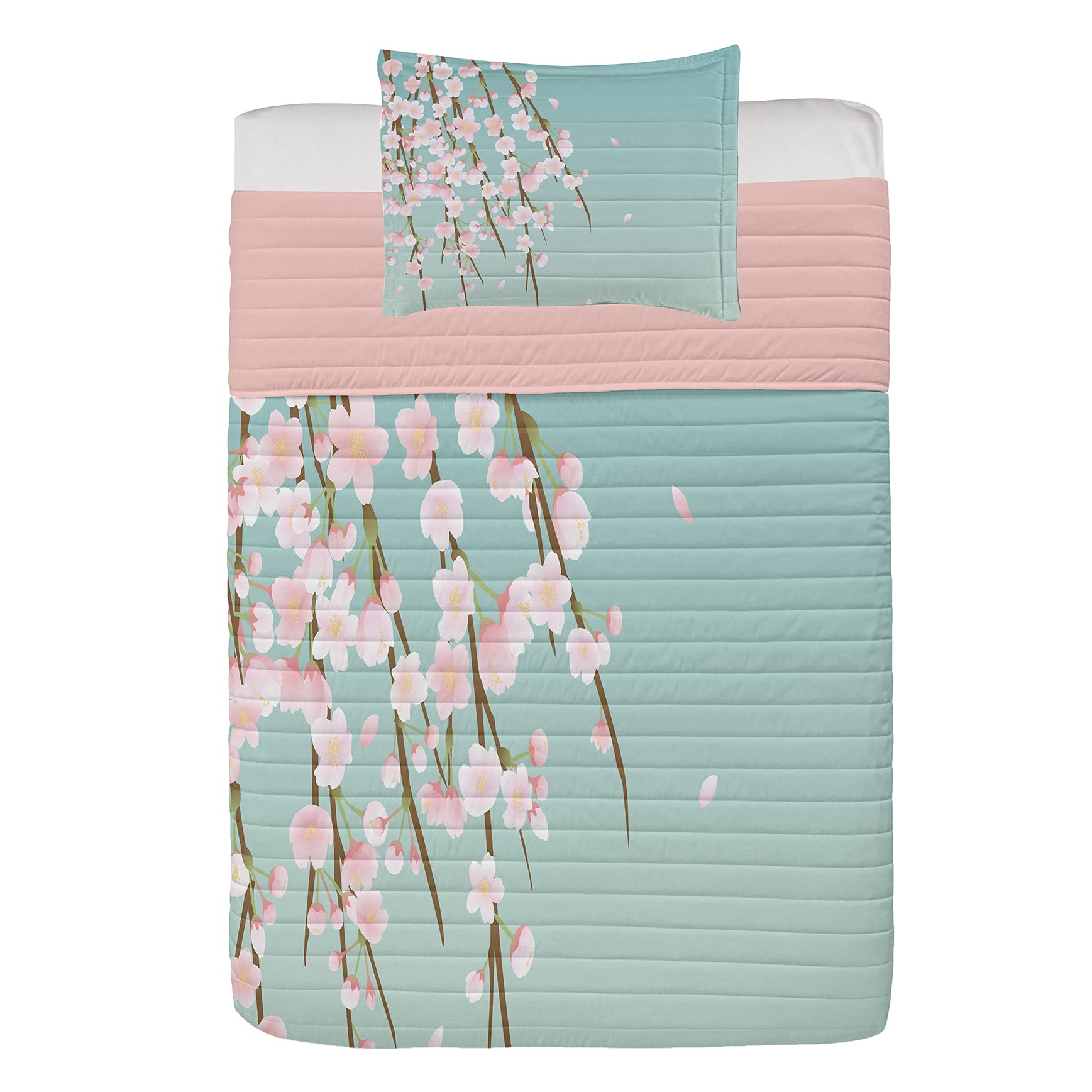 Ambesonne Cherry Blossom Microfiber Bedding Set - Twin Size Floral Comforter with Pillow Shams in Mint Pink & Taupe | Soft Weeping Flower Design for Spring Bedroom Decor | Perfect for Guest Rooms, Dormitories & Cozy Home Makeovers