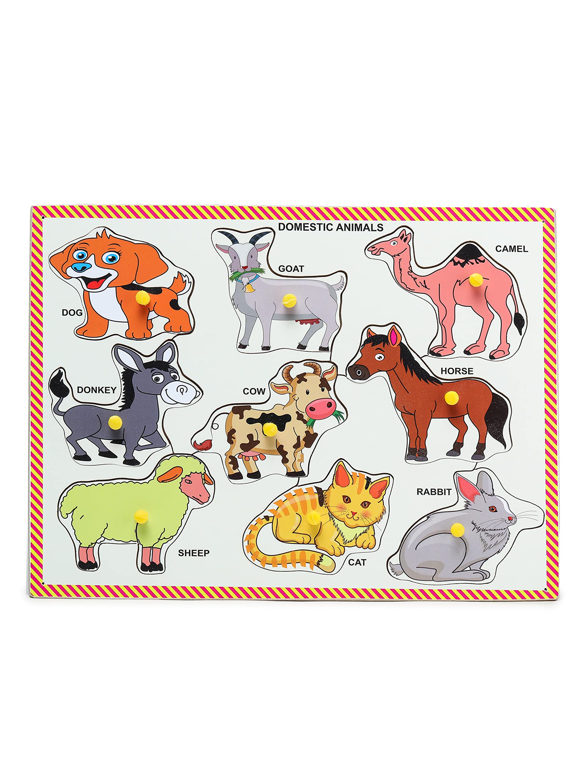 Premium Pine Wood Pegged Puzzle Board - Colorful Educational Toy for Toddlers Ages 2+ | Domestic Animals Theme with Knobs (9x12 Inch) - Perfect for Early Childhood Learning & Montessori Classroom Activities