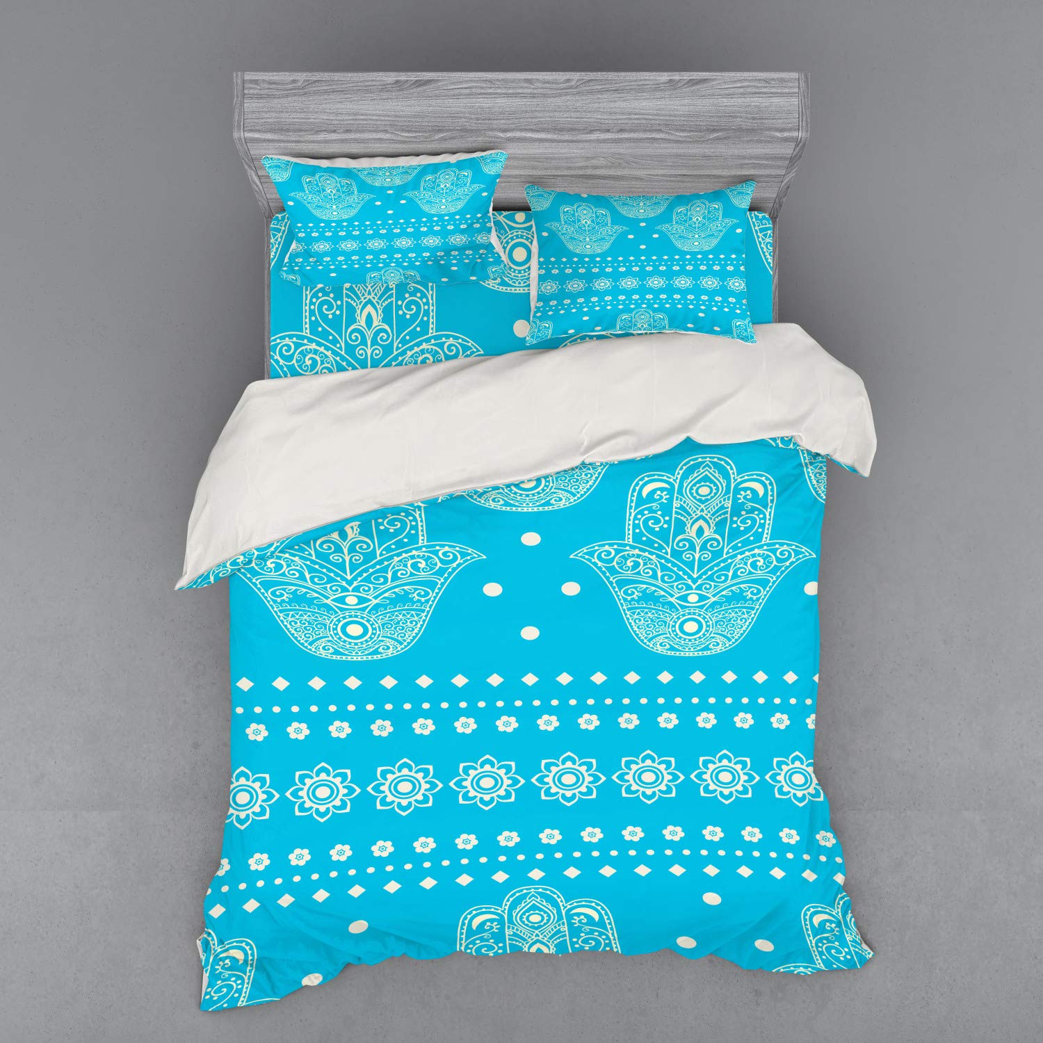 Ambesonne Hamsa Bedding Set - Queen Size 4-Piece Duvet Cover Set with Shams & Fitted Sheet, Blue Geometric Floral Evil Eye Protection Design for Bedroom Decor & Spiritual Comfort